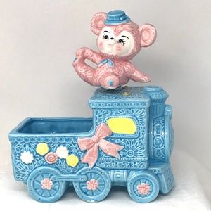 Vintage MCM Ceramic Baby Nursery Music Box Planter Train with Teddy Bear
